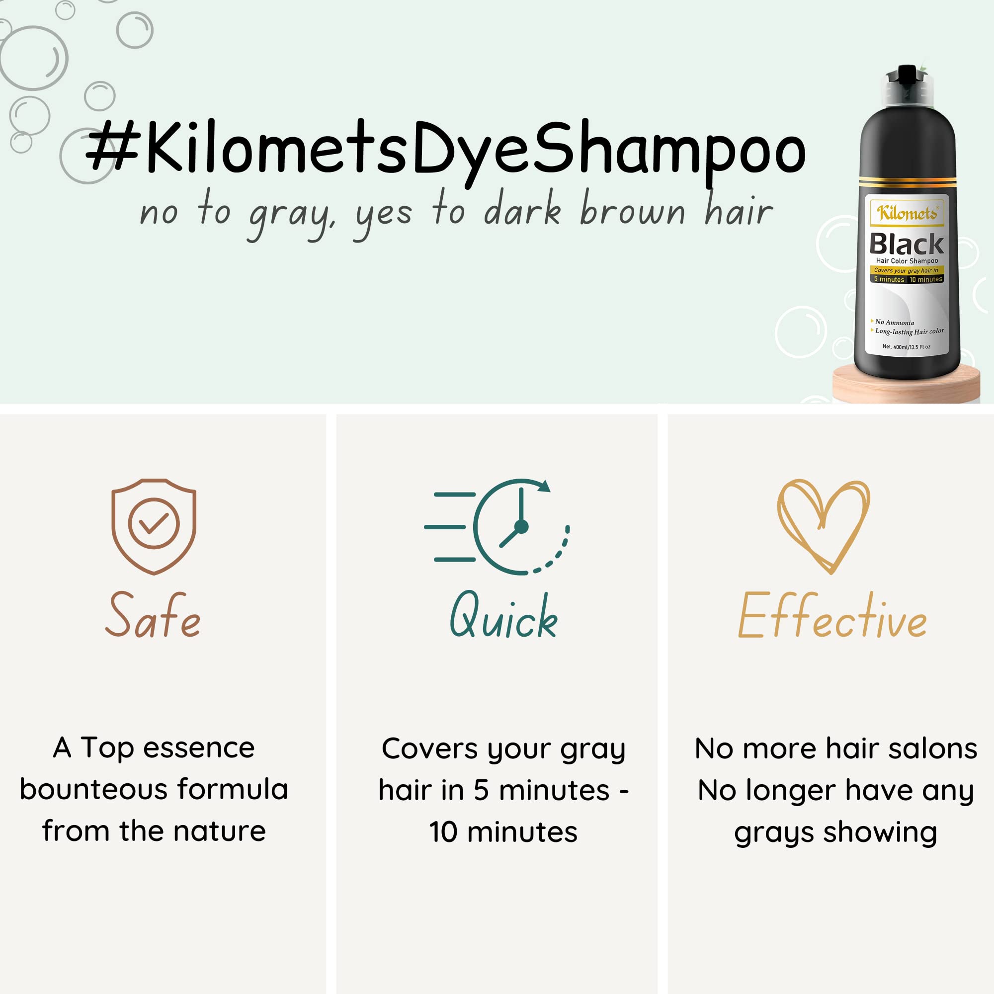 Kilomets Black Hair Dye Shampoo Pack 2 – 100% Grey Coverage in Minutes, Ammonia Free at Home