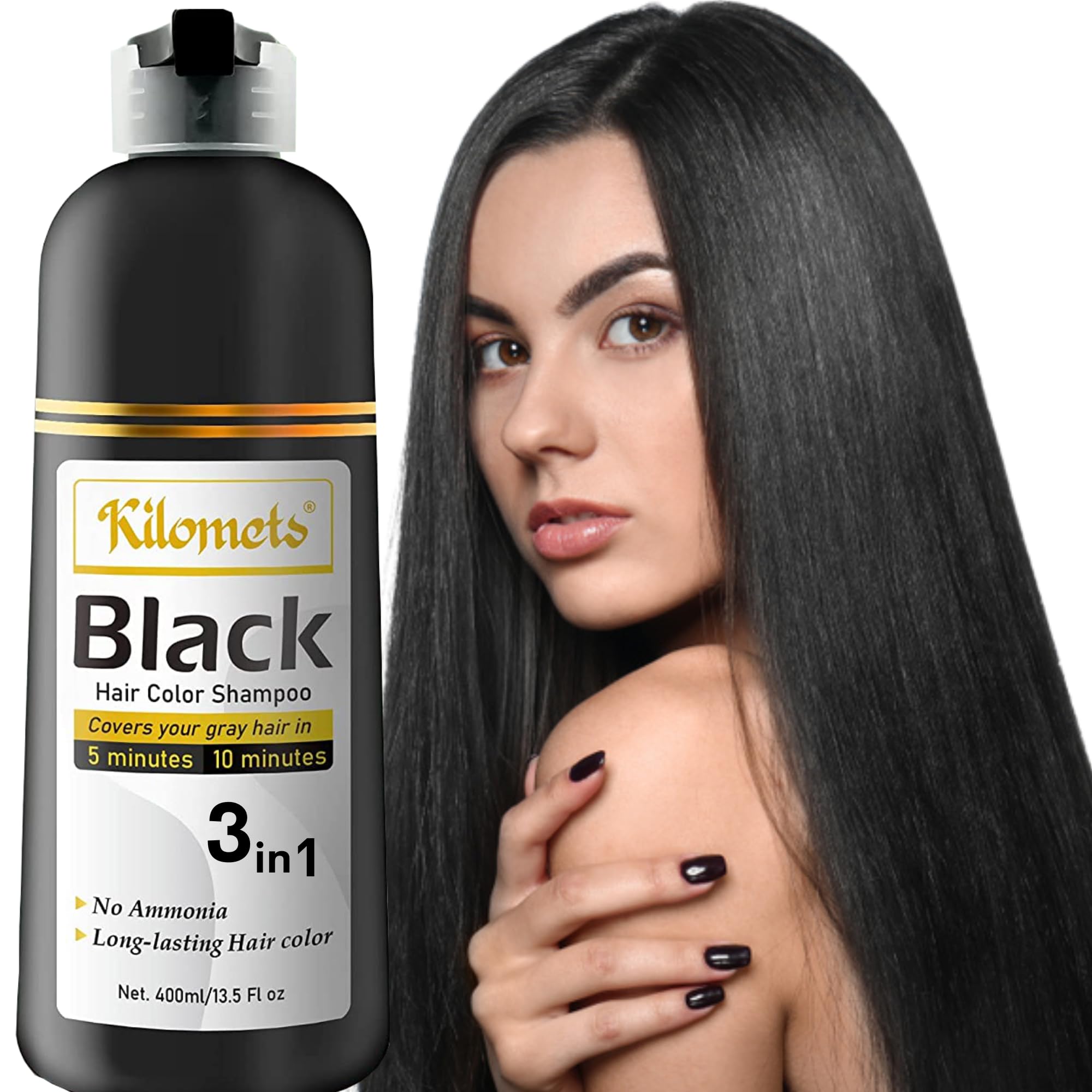 Kilomets BLACK Hair Dye Shampoo 400ml – 100% Grey Coverage in Minutes – Ammonia-Free