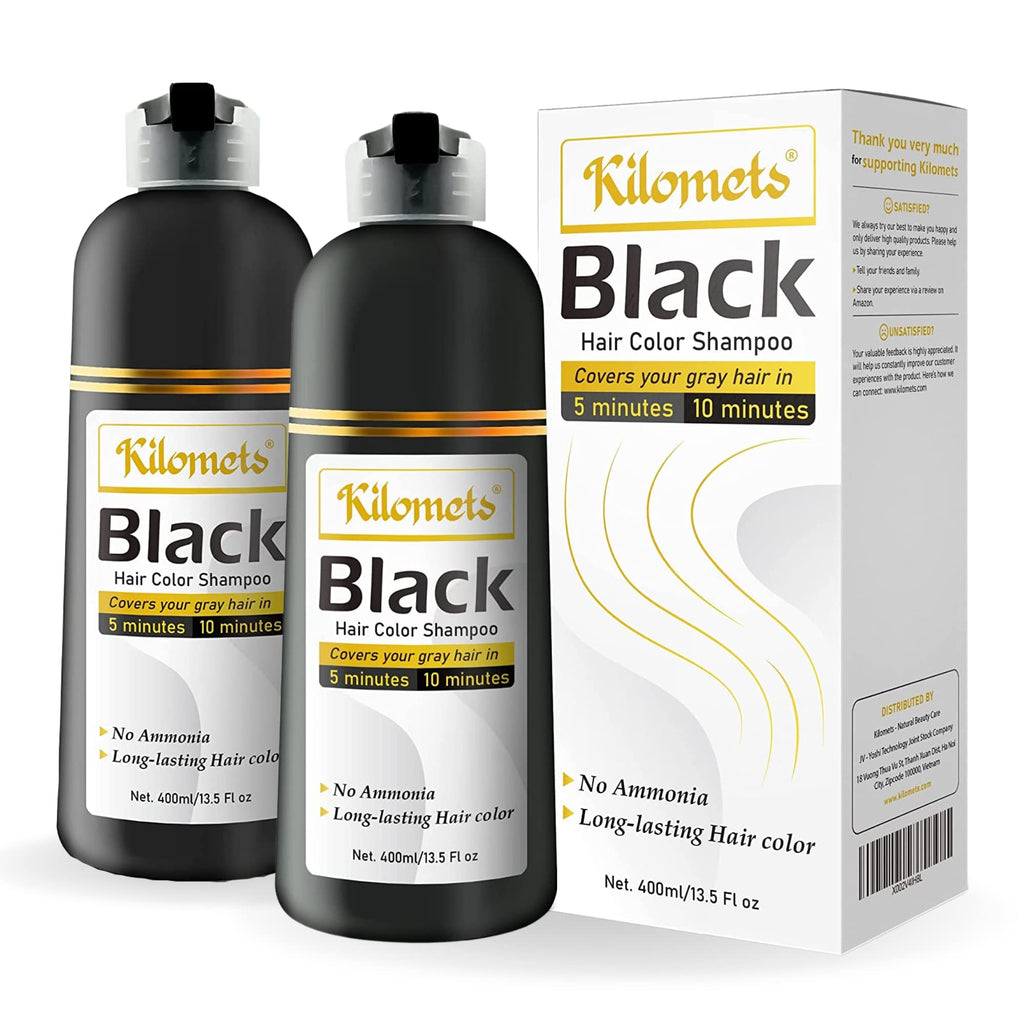 Kilomets Black Hair Dye Shampoo Pack 2 – 100% Grey Coverage in Minutes, Ammonia Free at Home