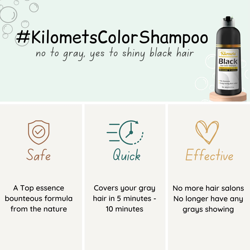 Kilomets BLACK Hair Dye Shampoo 400ml – 100% Grey Coverage in Minutes – Ammonia-Free