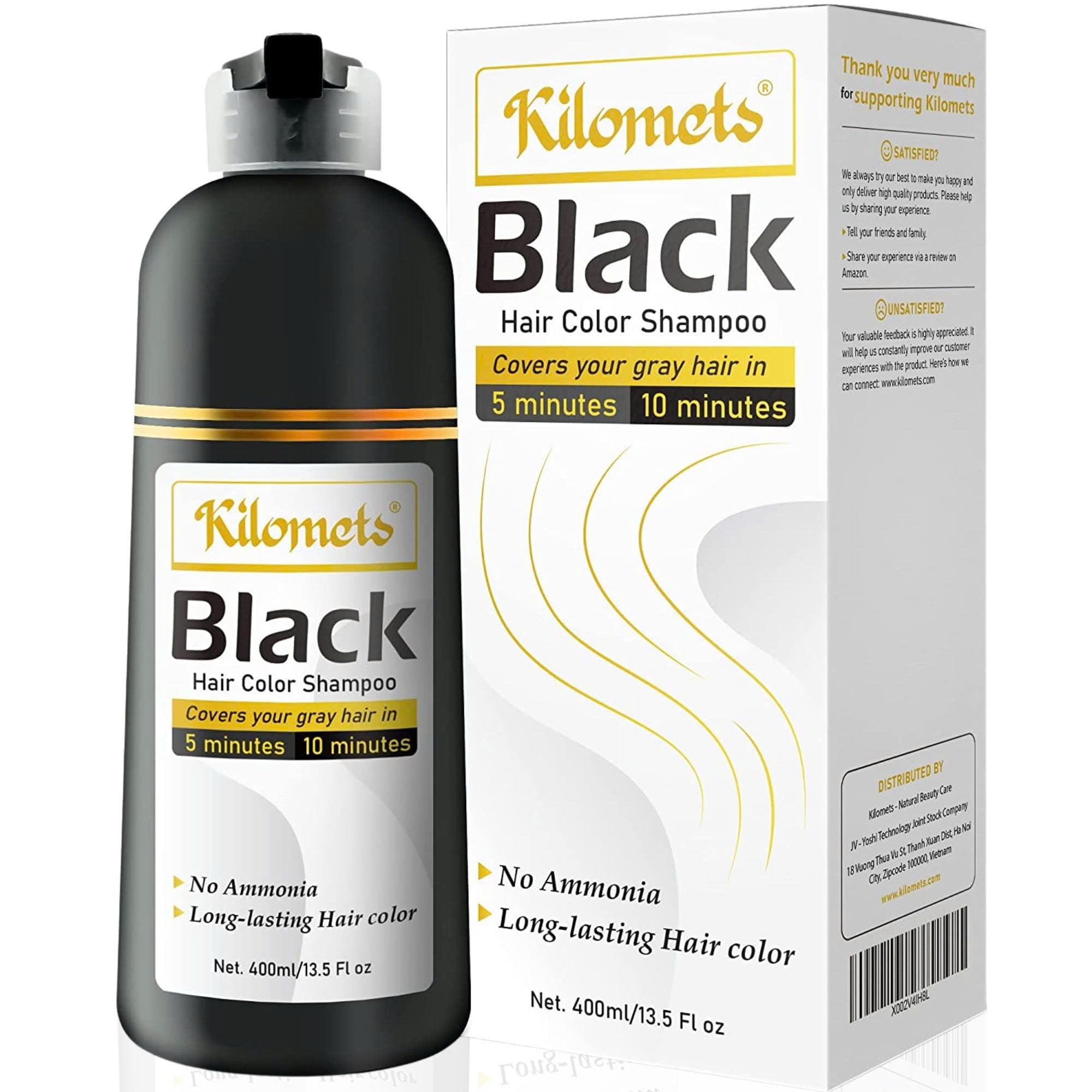 Kilomets BLACK Hair Dye Shampoo 400ml – 100% Grey Coverage in Minutes – Ammonia-Free
