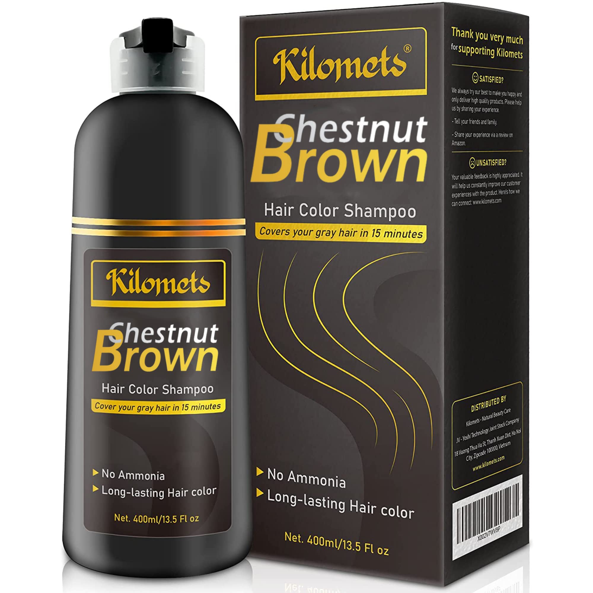 KILOMETS Chestnut Brown Hair Dye Shampoo 3-in-1 — Instant Color, Ammonia-Free, 400ml