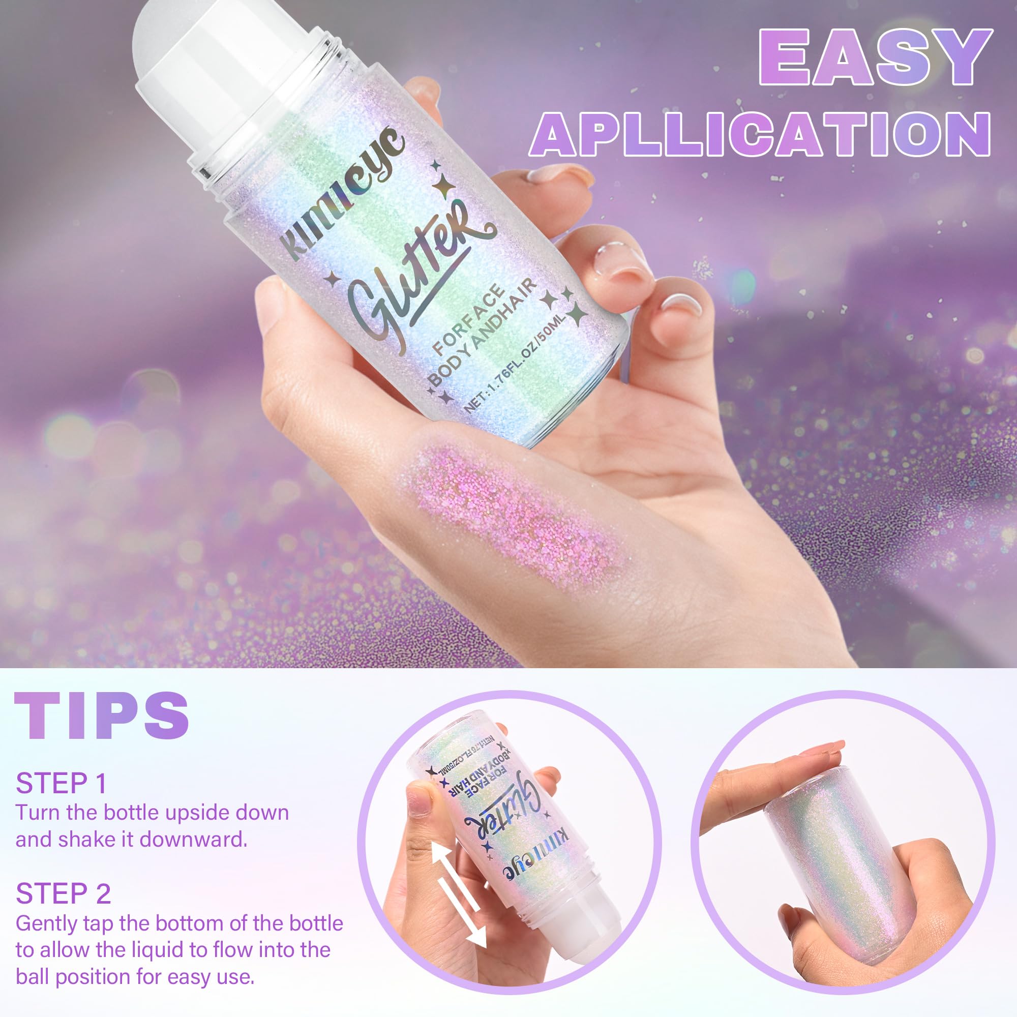 KIMIEYE Roll-on Glitter Gel for Face & Body – 1.69oz, Holographic Pink