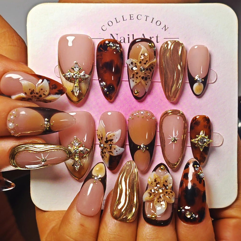 KimKista Amber Bloom-S Handmade Almond Press On Nails – 3D Flowers, Gold Chrome, Reusable Kit