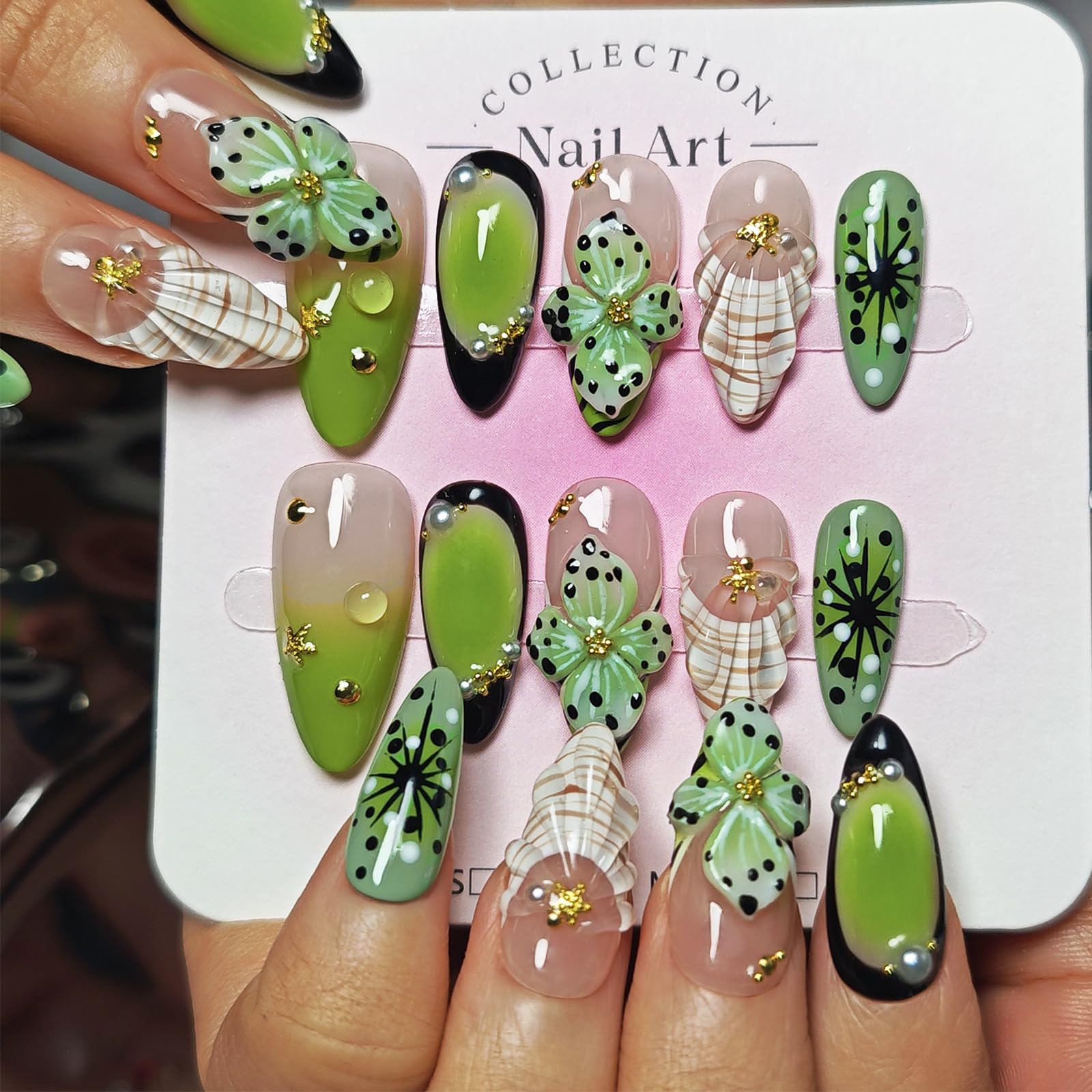 KimKista Floral Oasis S – Handmade 3D Green Almond Press-On Nails Kit