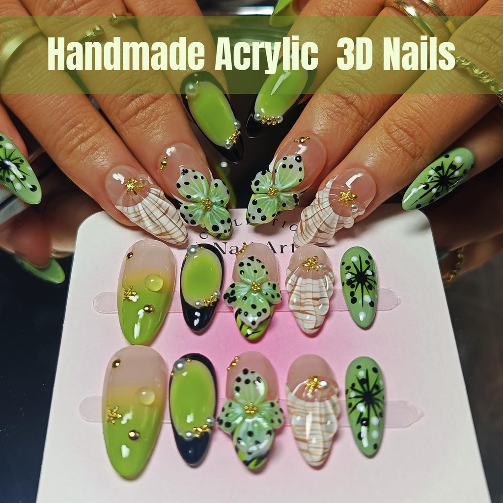 KimKista Floral Oasis S – Handmade 3D Green Almond Press-On Nails Kit