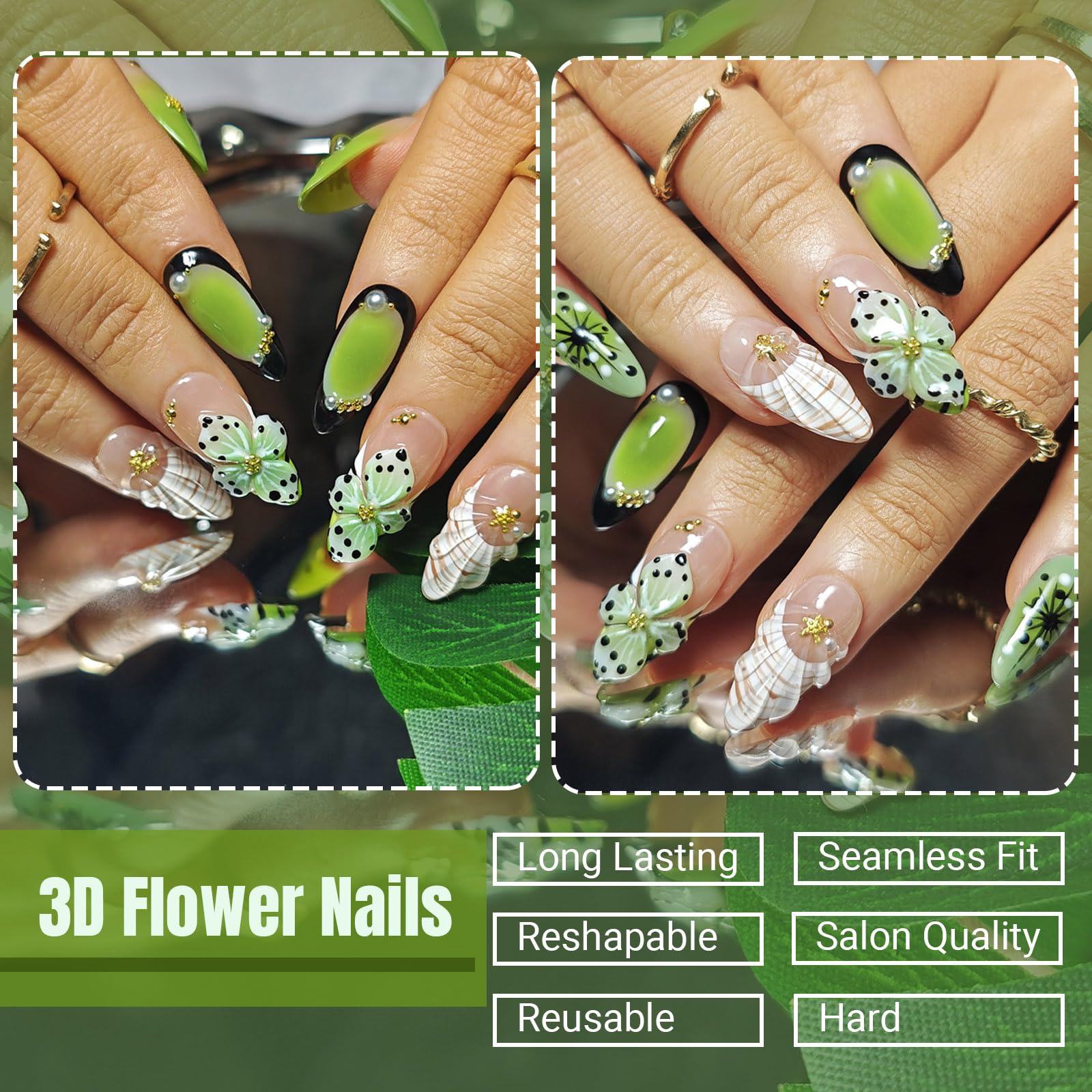 KimKista Floral Oasis S – Handmade 3D Green Almond Press-On Nails Kit