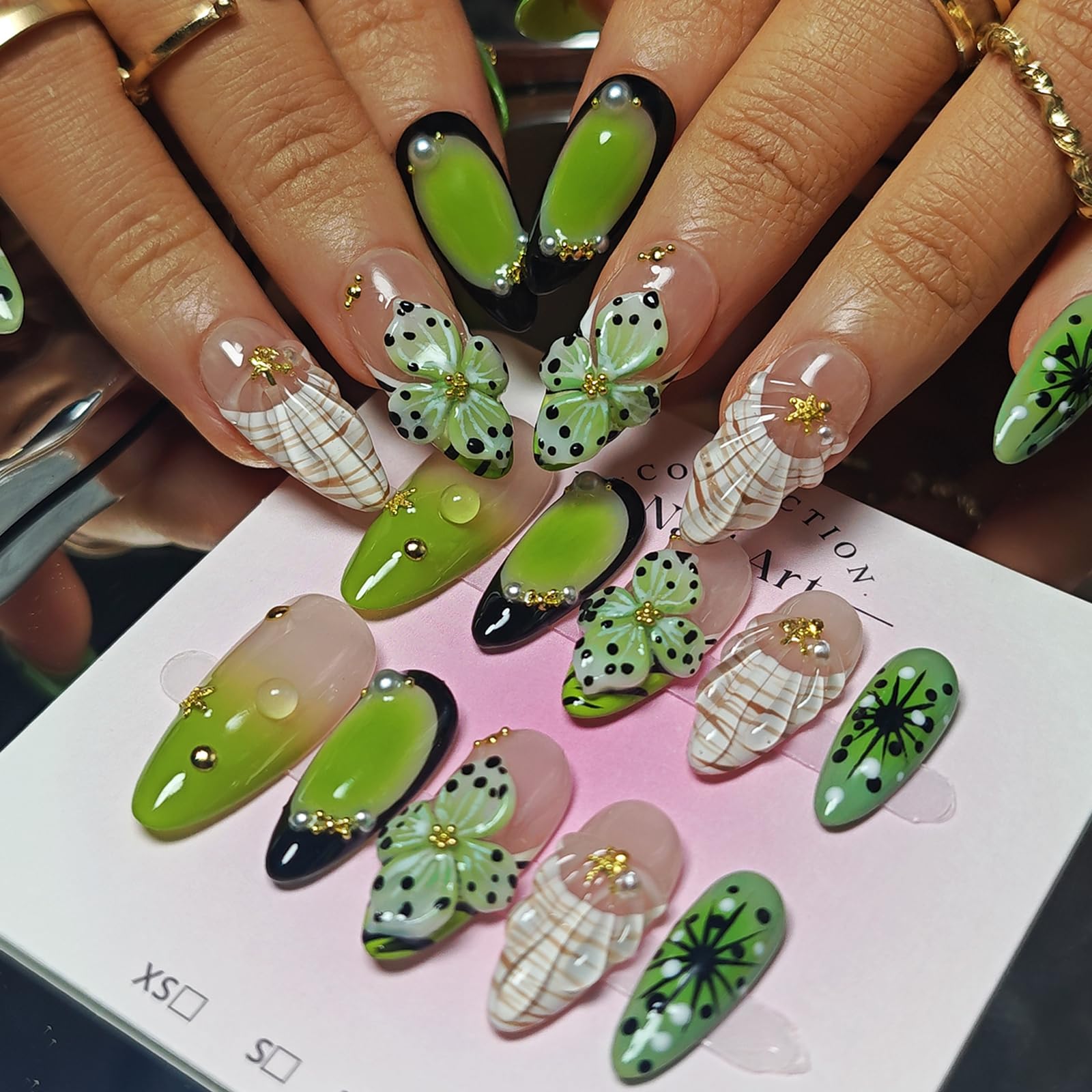KimKista Floral Oasis S – Handmade 3D Green Almond Press-On Nails Kit