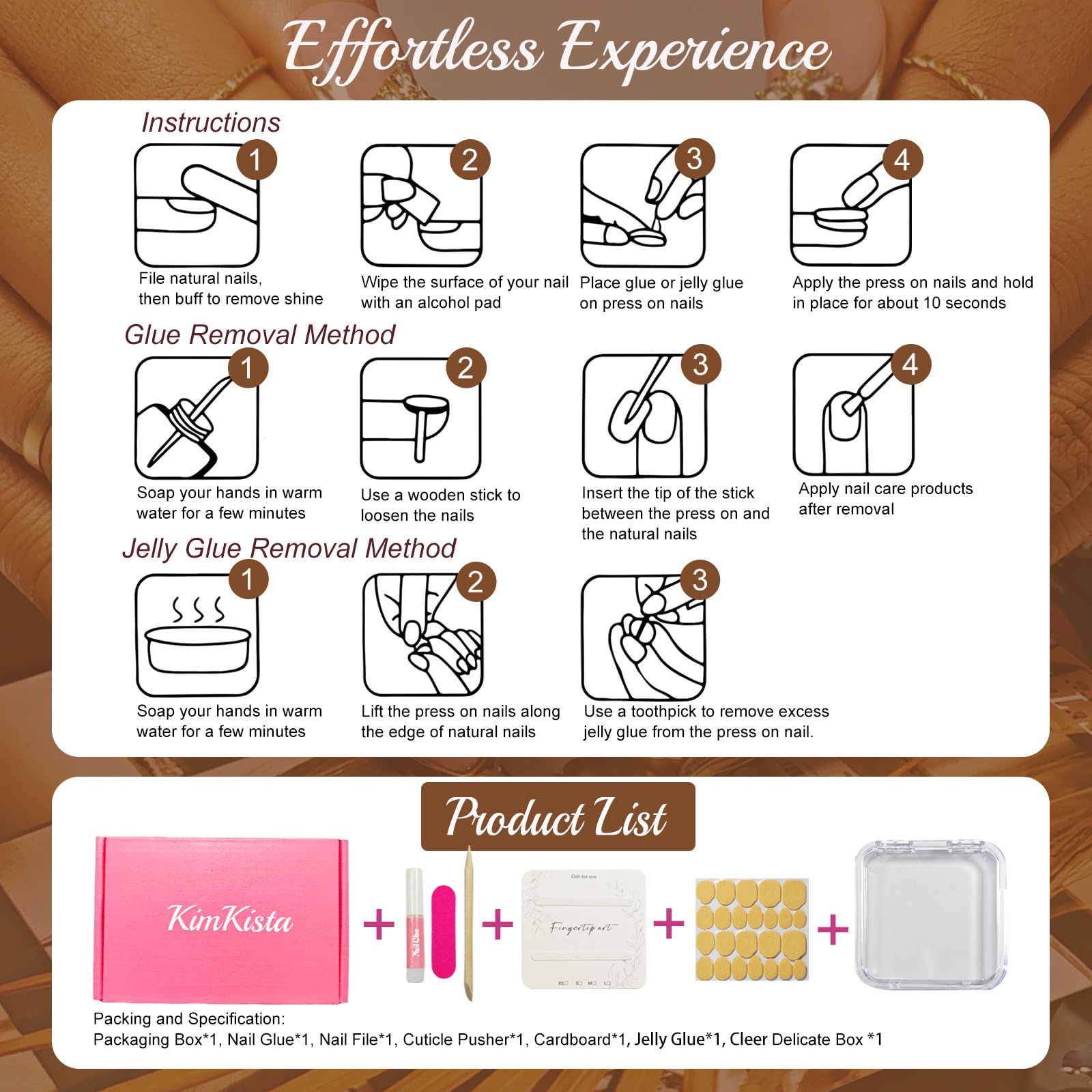 KimKista Amber Bloom-S Handmade Almond Press On Nails – 3D Flowers, Gold Chrome, Reusable Kit