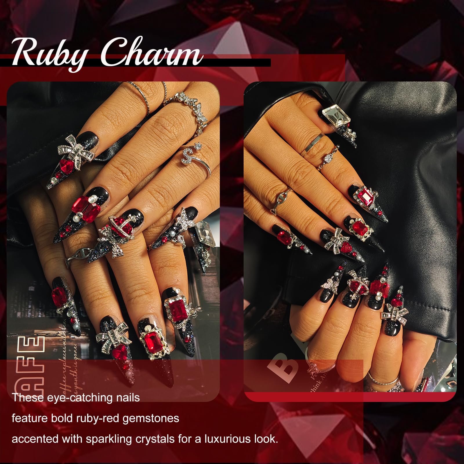 KimKista Handmade Stiletto Nails — Black Goth Press On with Red Rhinestones (M)