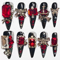 KimKista Handmade Stiletto Nails — Black Goth Press On with Red Rhinestones (M)
