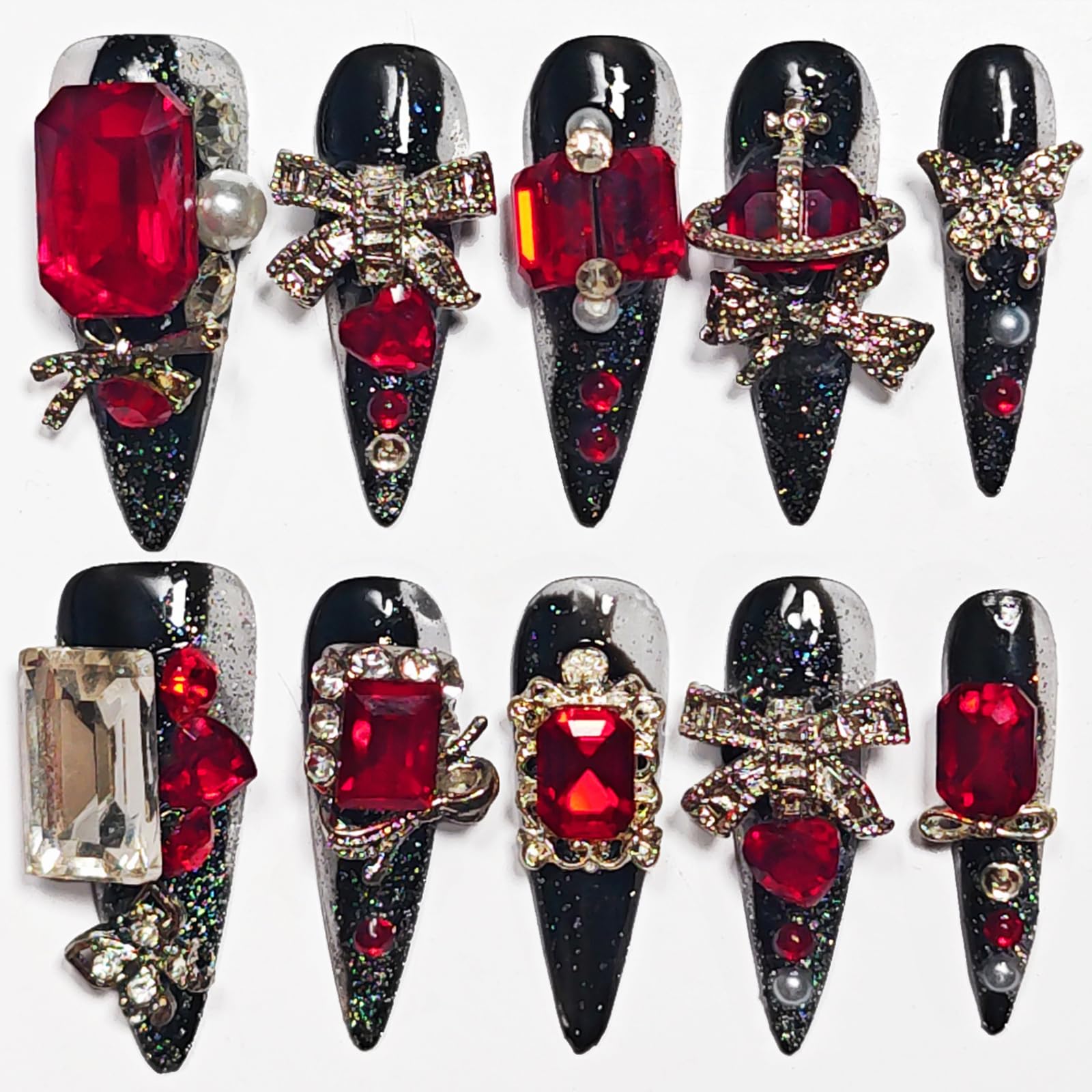 KimKista Handmade Stiletto Nails — Black Goth Press On with Red Rhinestones (M)