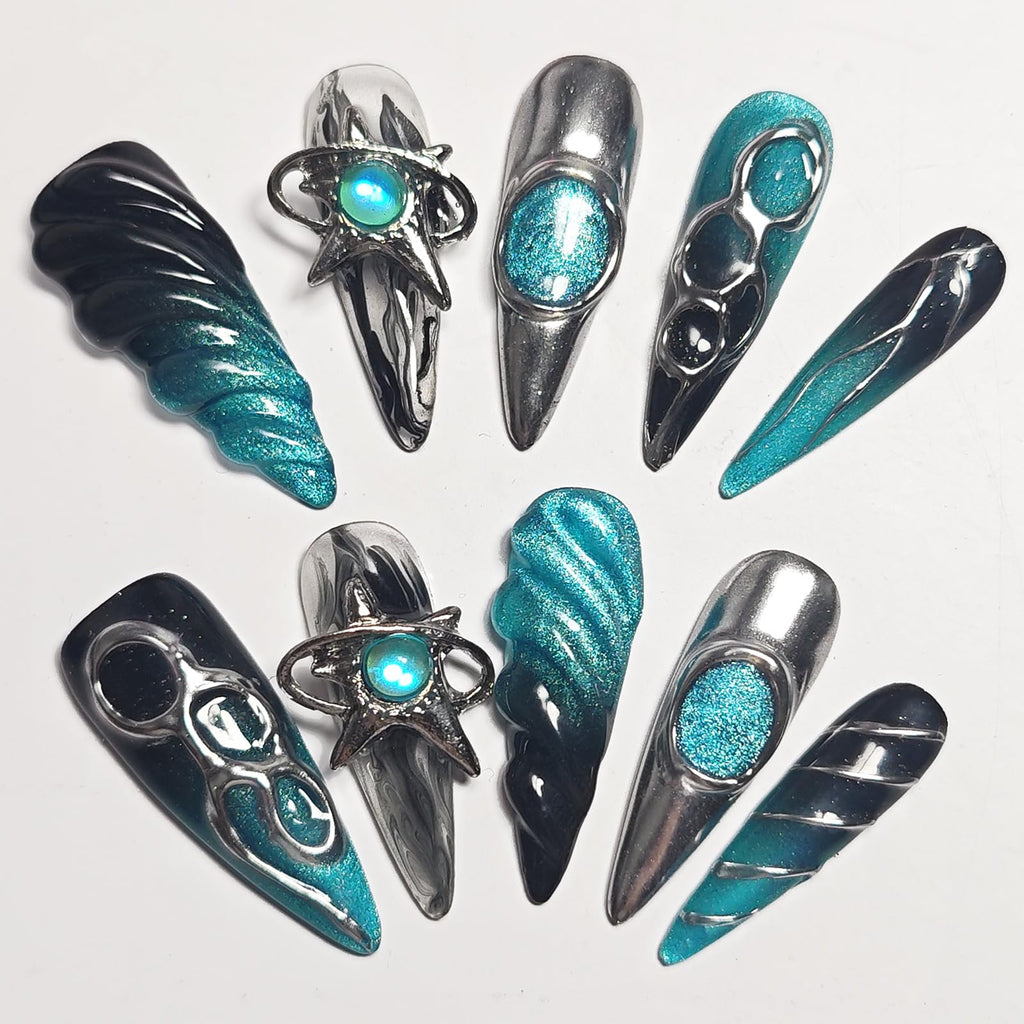 KimKista Handmade Press On Nails Stiletto 3D Cat Eye Ombre Chrome – Reusable Kit