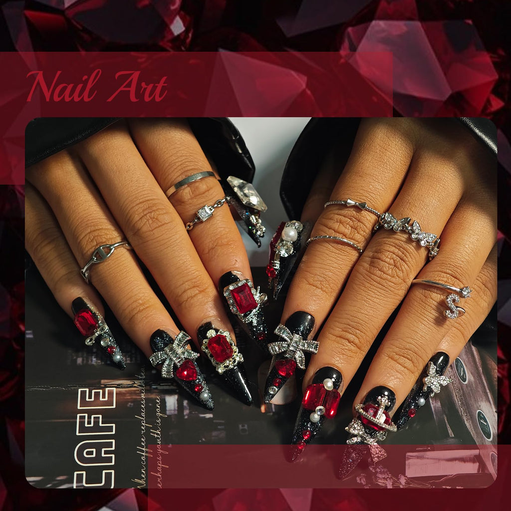 KimKista Handmade Stiletto Press-On Nails – Black Goth with Red Rhinestones