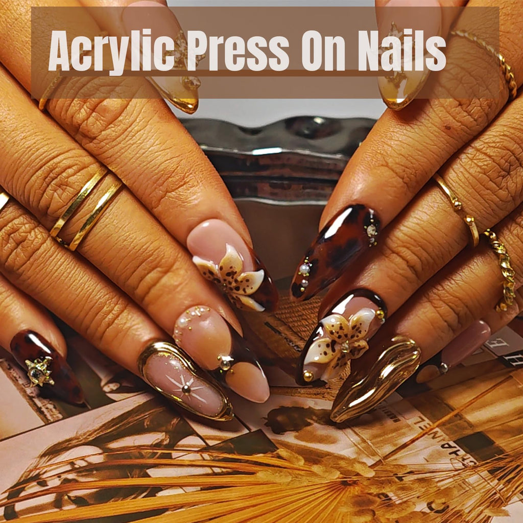 KimKista Amber Bloom-S Handmade Almond Press On Nails – 3D Flowers, Gold Chrome, Reusable Kit