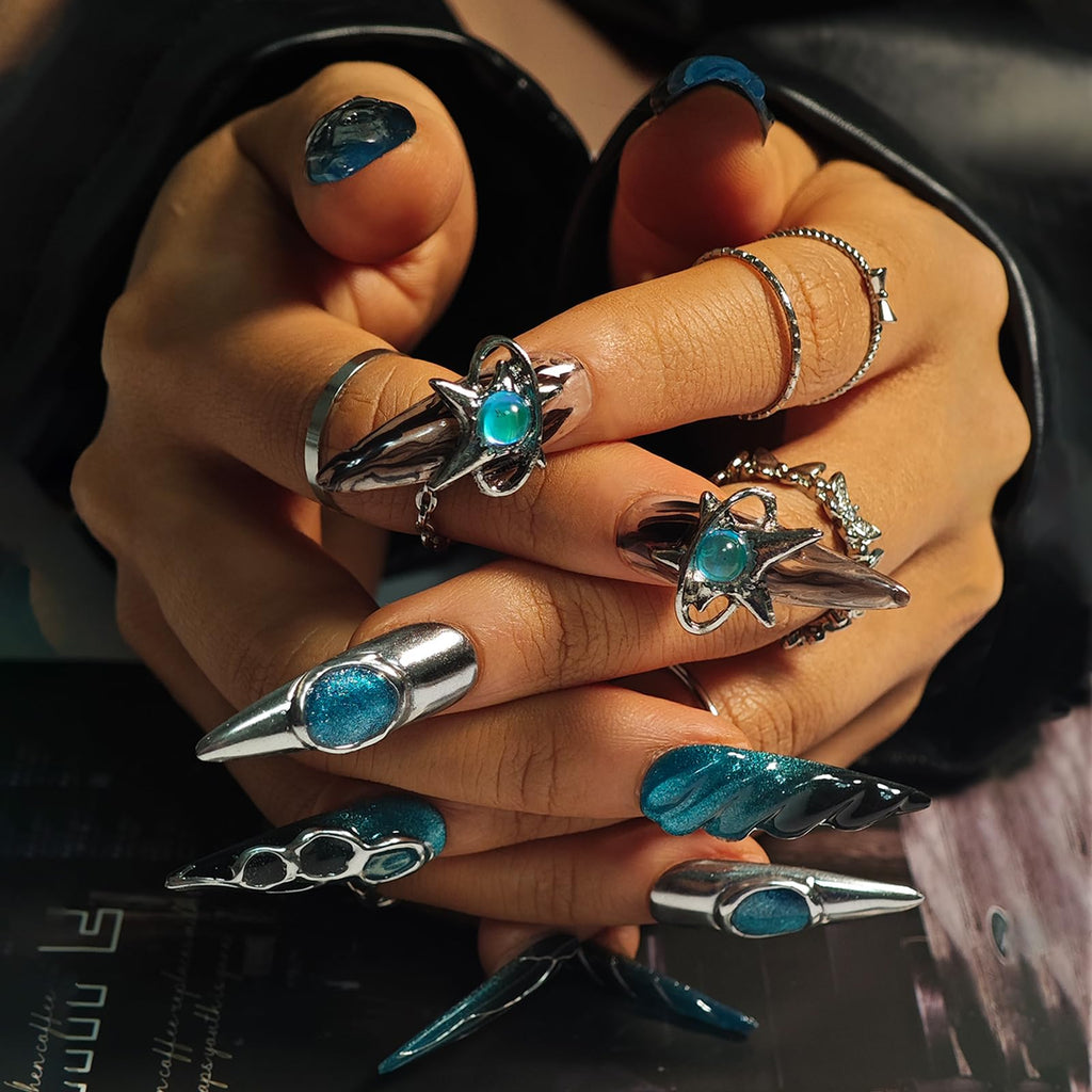 KimKista Handmade Press On Nails Stiletto 3D Cat Eye Ombre Chrome – Reusable Kit