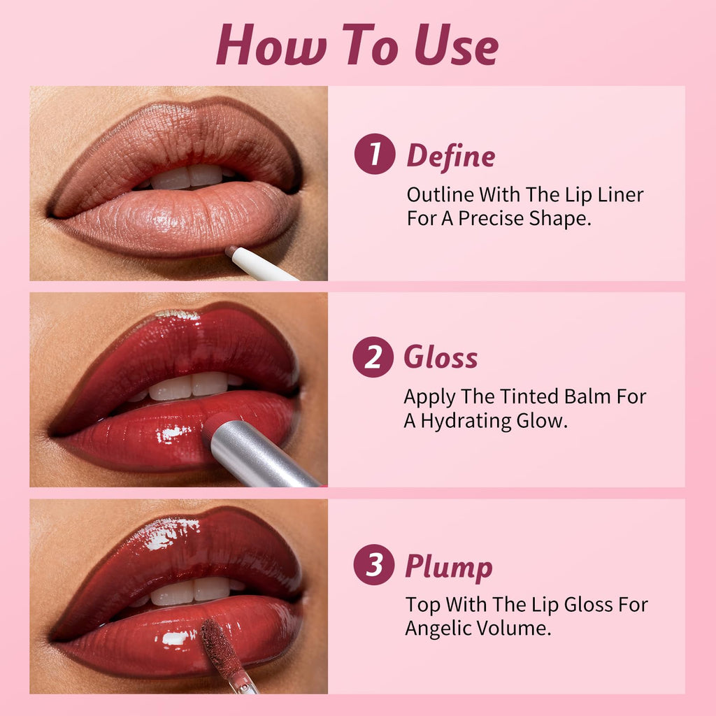 KIMUSE 3PCS Lip Combo Set – Matte Lip Liner, Hydrating Tint Lip Balm & Juicy Gloss Tint