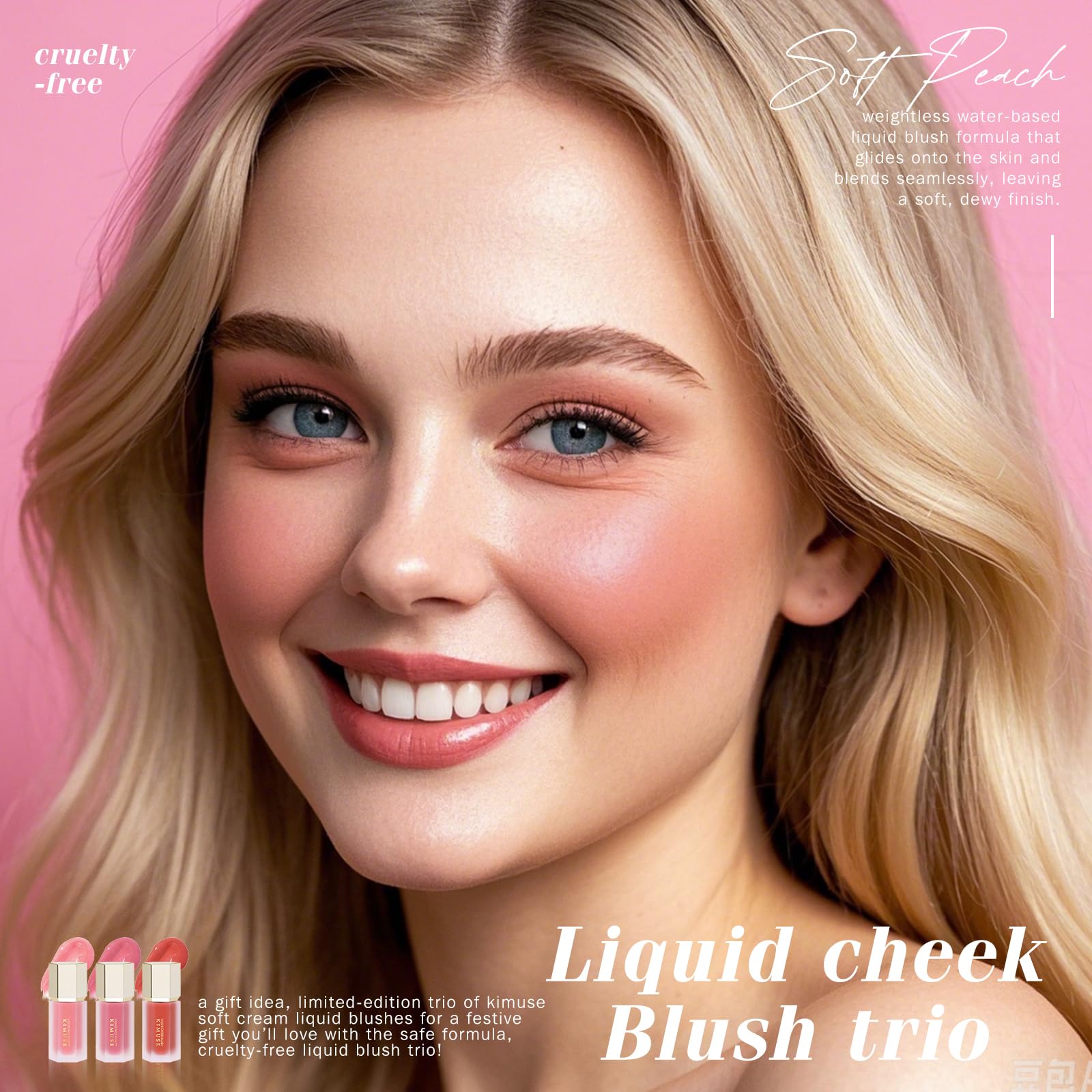 KIMUSE Liquid Blush - Soft Cream Blush, Long-Wearing, Waterproof & Smudge Proof, Dewy Finish