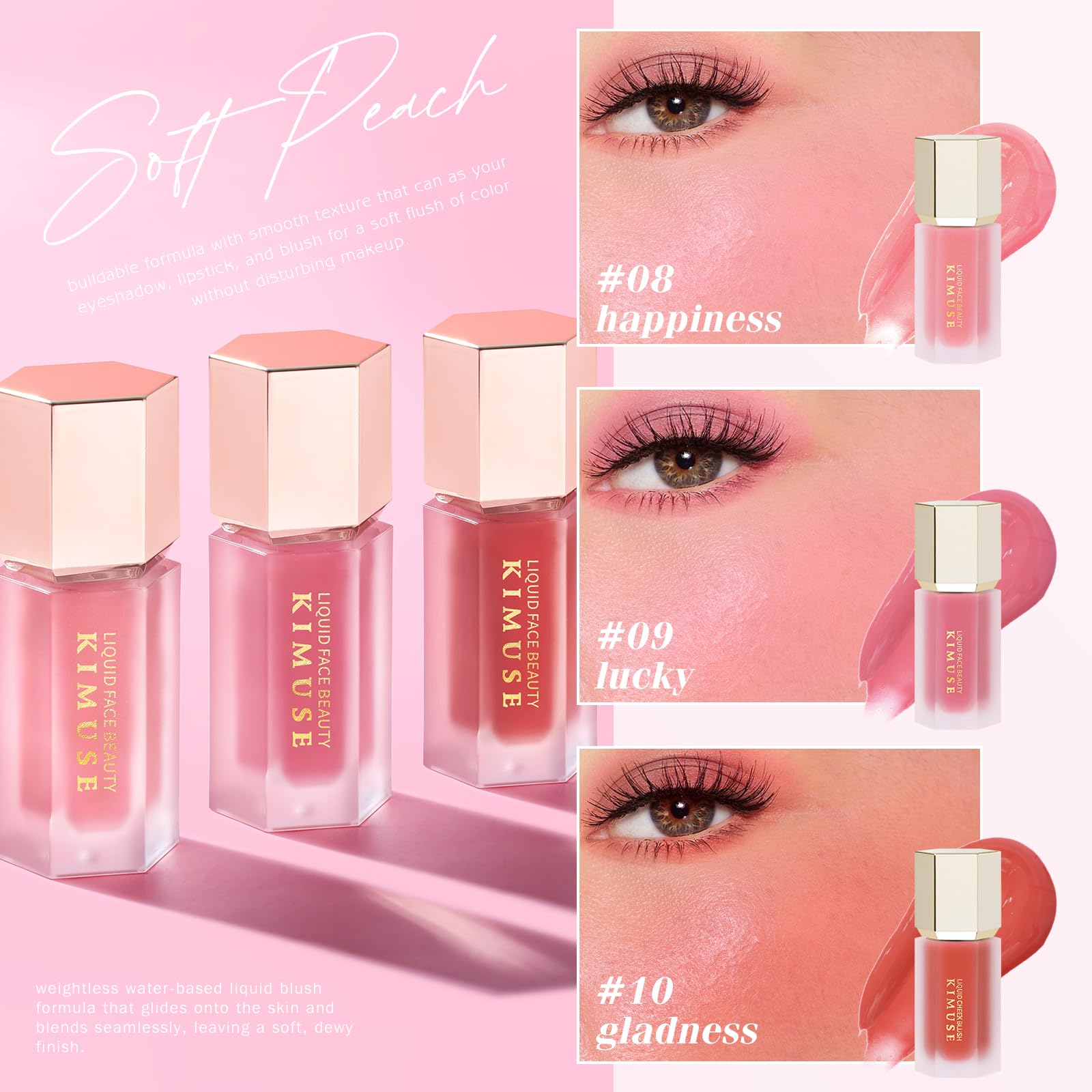 KIMUSE Liquid Blush - Soft Cream Blush, Long-Wearing, Waterproof & Smudge Proof, Dewy Finish