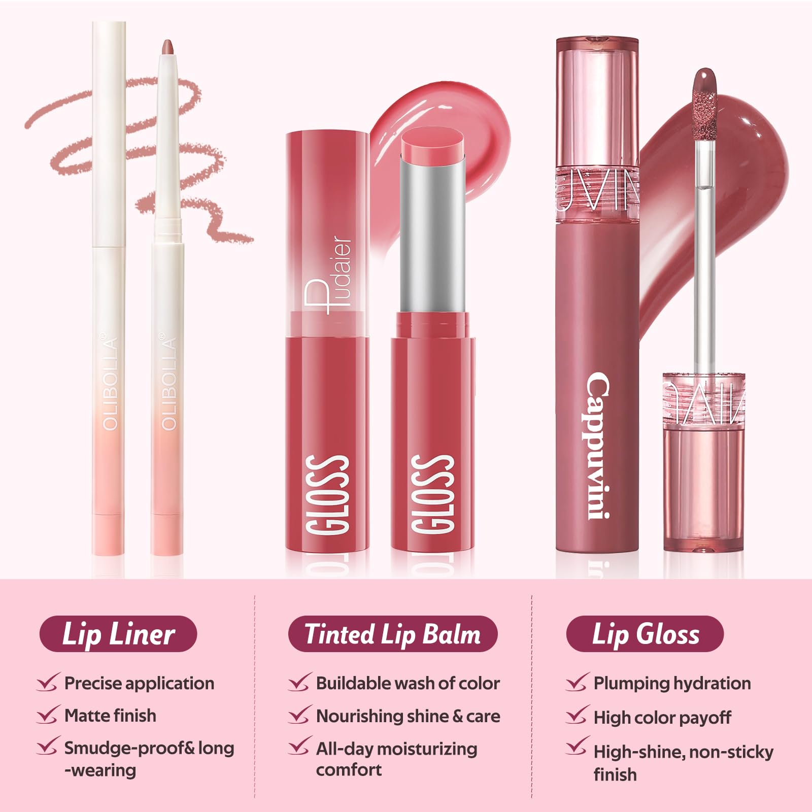 Kimuse 3PCS Lip Combo Set — Matte Lip Liner, Hydrating Tint Lip Balm & Juicy Lip Gloss Tint | Sweet Fig