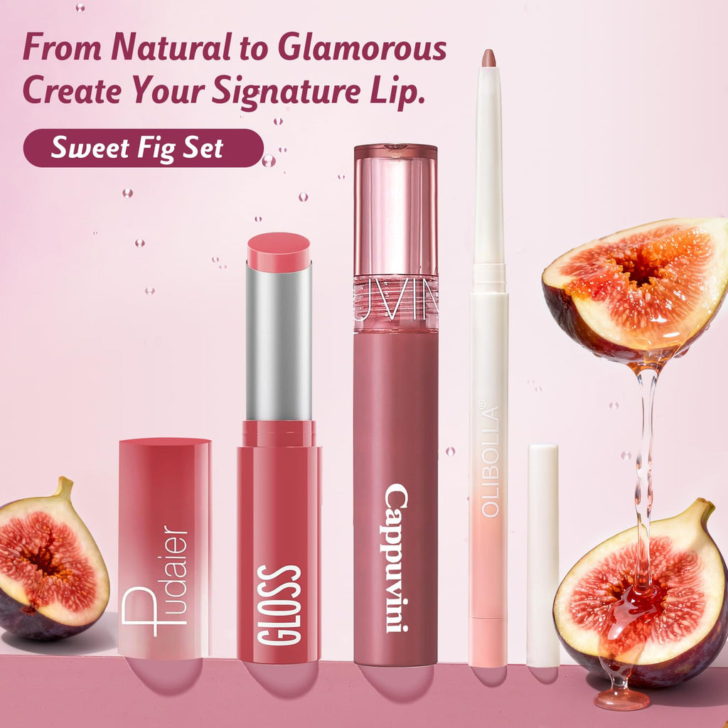 Kimuse 3PCS Lip Combo Set — Matte Lip Liner, Hydrating Tint Lip Balm & Juicy Lip Gloss Tint | Sweet Fig