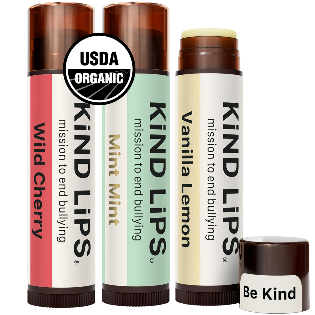 Kind Lips Organic Lip Balm Variety Pack – 3-Pack of Mint Mint, Vanilla Lemon, and Wild Cherry