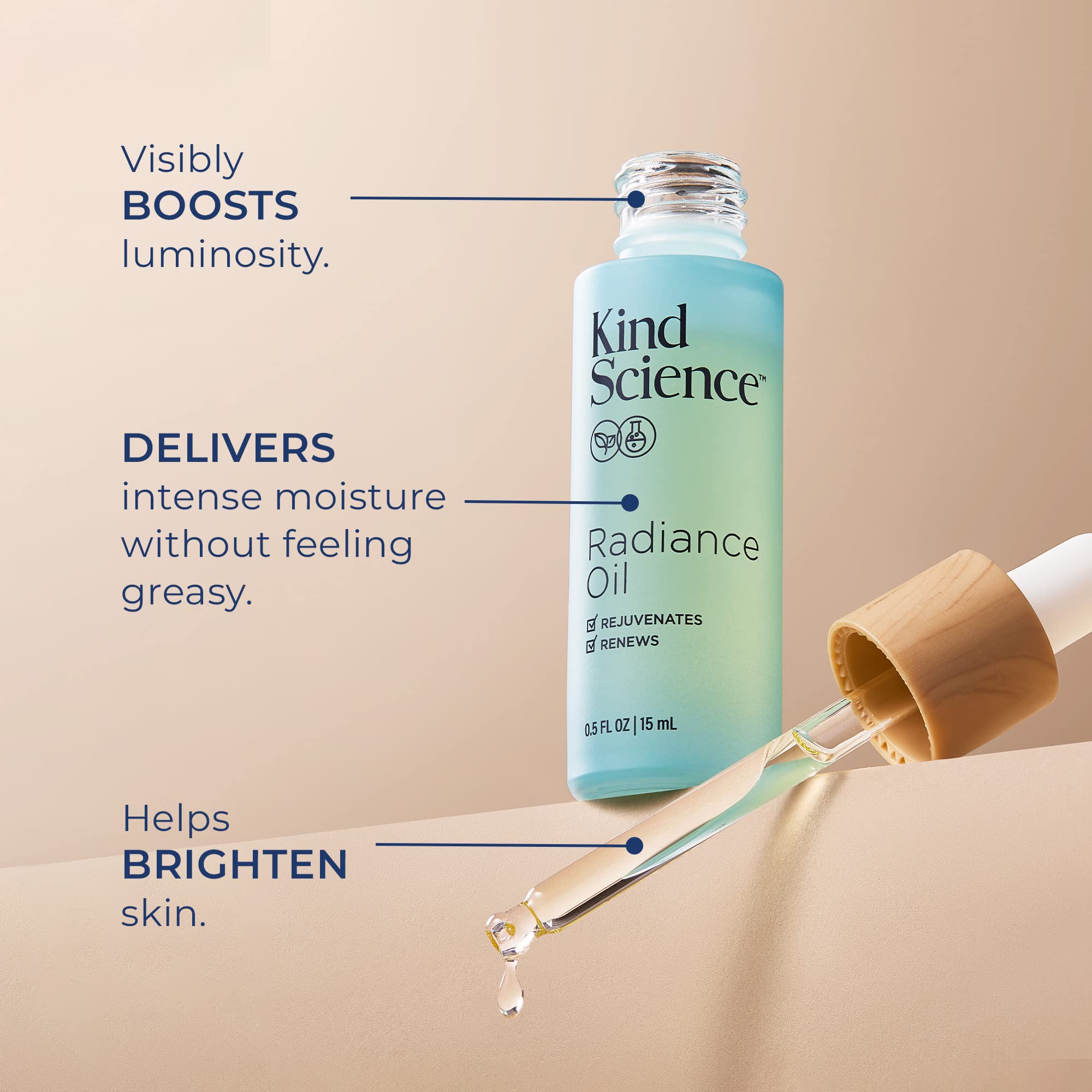 Kind Science Radiance Face Oil – Hydration with Vitamins E, C & A, Bakuchiol, Jojoba & Moringa Oil | Vegan, Cruelty‑Free, 0.5 oz