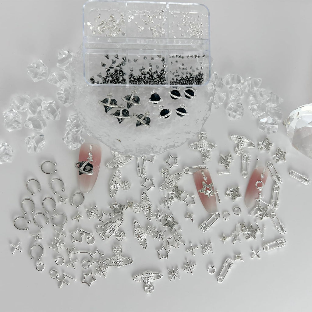 KINGNAME 110 Pcs Punk Nail Charms Kit – 3D Goth Jewelry for Nail Art, Y2K Planet & Spike Accessories