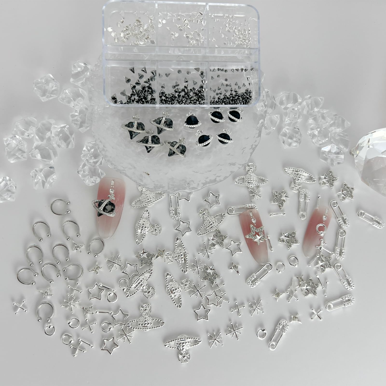 KINGNAME 110 Pcs Punk Nail Charms Kit – 3D Goth Jewelry for Nail Art, Y2K Planet & Spike Accessories