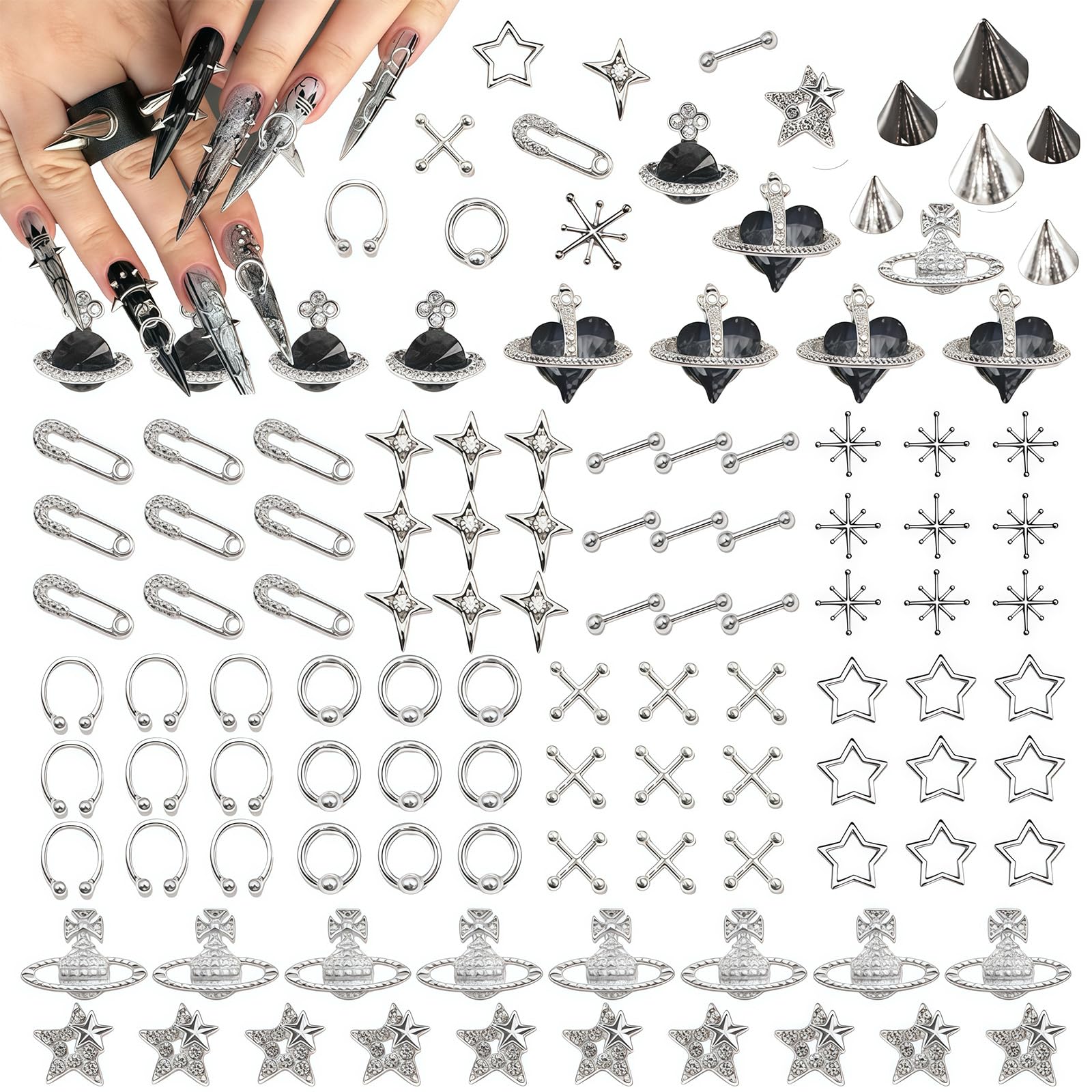 KINGNAME 110 Pcs Punk Nail Charms Kit – 3D Goth Jewelry for Nail Art, Y2K Planet & Spike Accessories