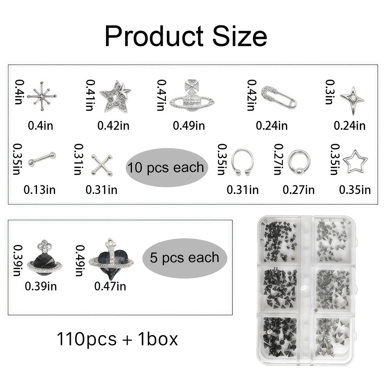 KINGNAME 110 Pcs Punk Nail Charms Kit – 3D Goth Jewelry for Nail Art, Y2K Planet & Spike Accessories