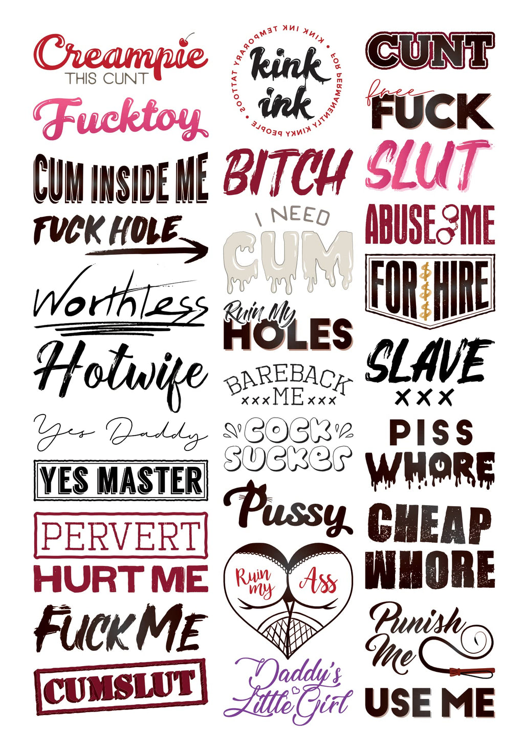 Kink Ink 30 Temporary Tattoos – Adult Naughty Words & Phrases on A4 Sheet