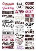 Kink Ink 30 Temporary Tattoos – Adult Naughty Words & Phrases on A4 Sheet