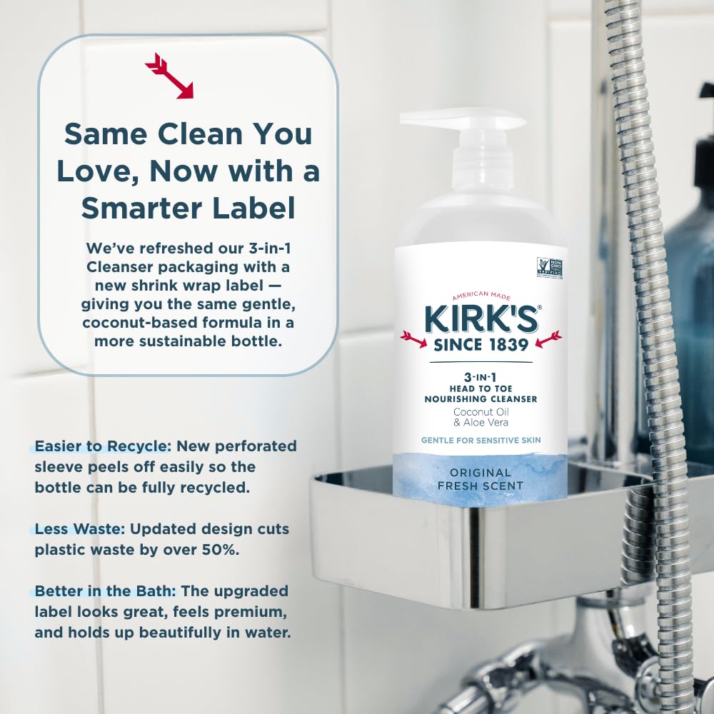 Kirk's 3-in-1 Head to Toe Nourishing Cleanser – 32 oz, Coconut Oil & Aloe Vera, Non-GMO & Vegan