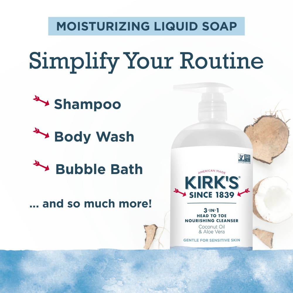 Kirk's 3-in-1 Head to Toe Nourishing Cleanser – 32 oz, Coconut Oil & Aloe Vera, Non-GMO & Vegan