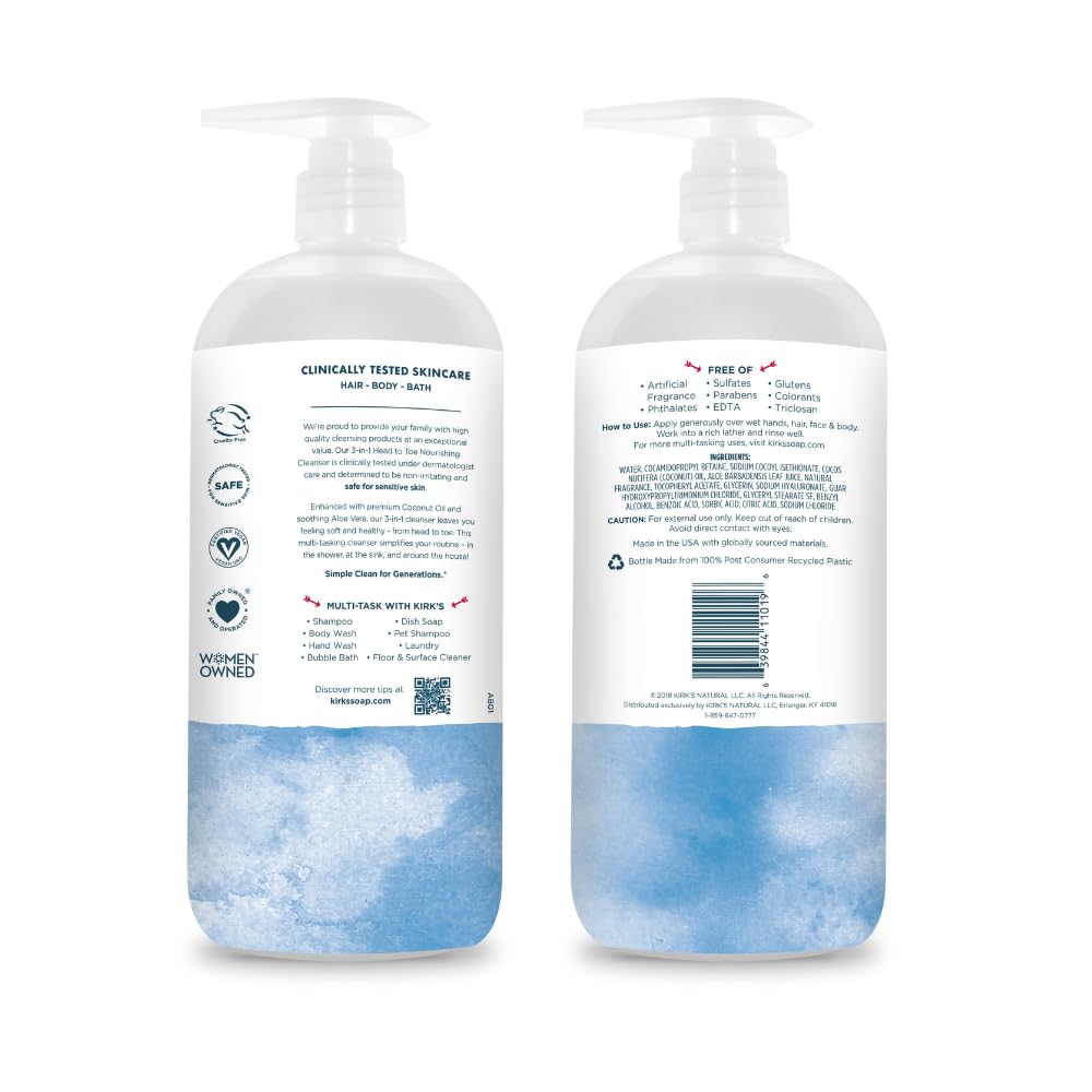 Kirk's 3-in-1 Head to Toe Nourishing Cleanser – 32 oz, Coconut Oil & Aloe Vera, Non-GMO & Vegan