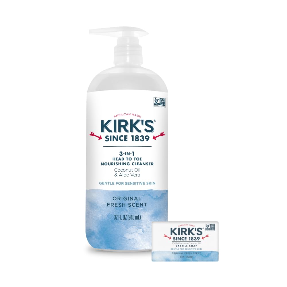 Kirk's 3-in-1 Head to Toe Nourishing Cleanser – 32 oz, Coconut Oil & Aloe Vera, Non-GMO & Vegan