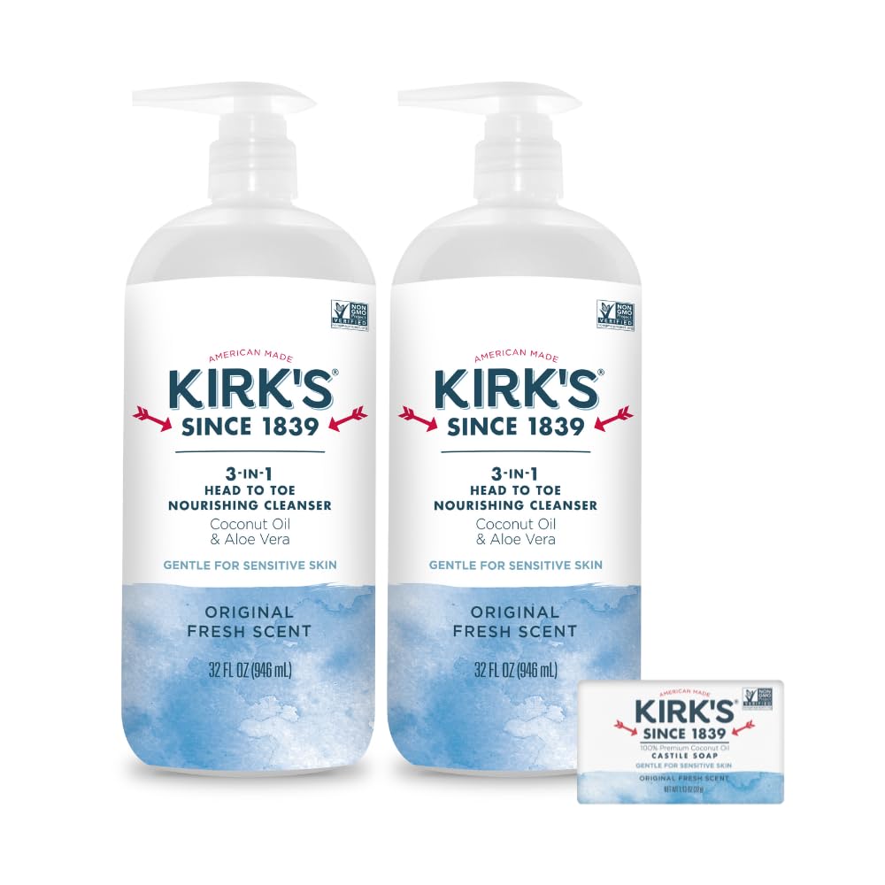 Kirk's 3-in-1 Head-to-Toe Nourishing Cleanser & Travel Bar Soap — Coconut Oil & Aloe Vera, 32 oz, 2-Pack