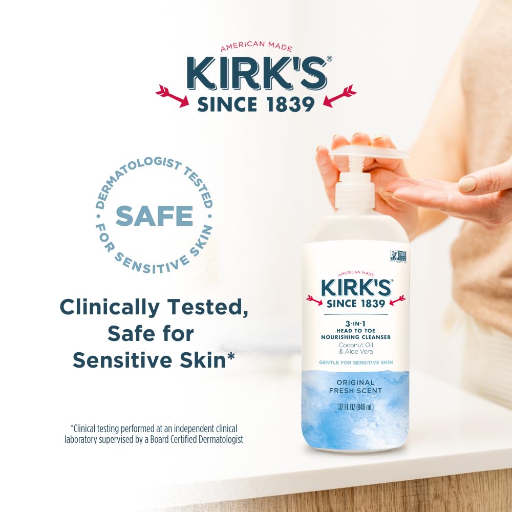 Kirk's 3-in-1 Head to Toe Nourishing Cleanser – 32 oz, Coconut Oil & Aloe Vera, Non-GMO & Vegan