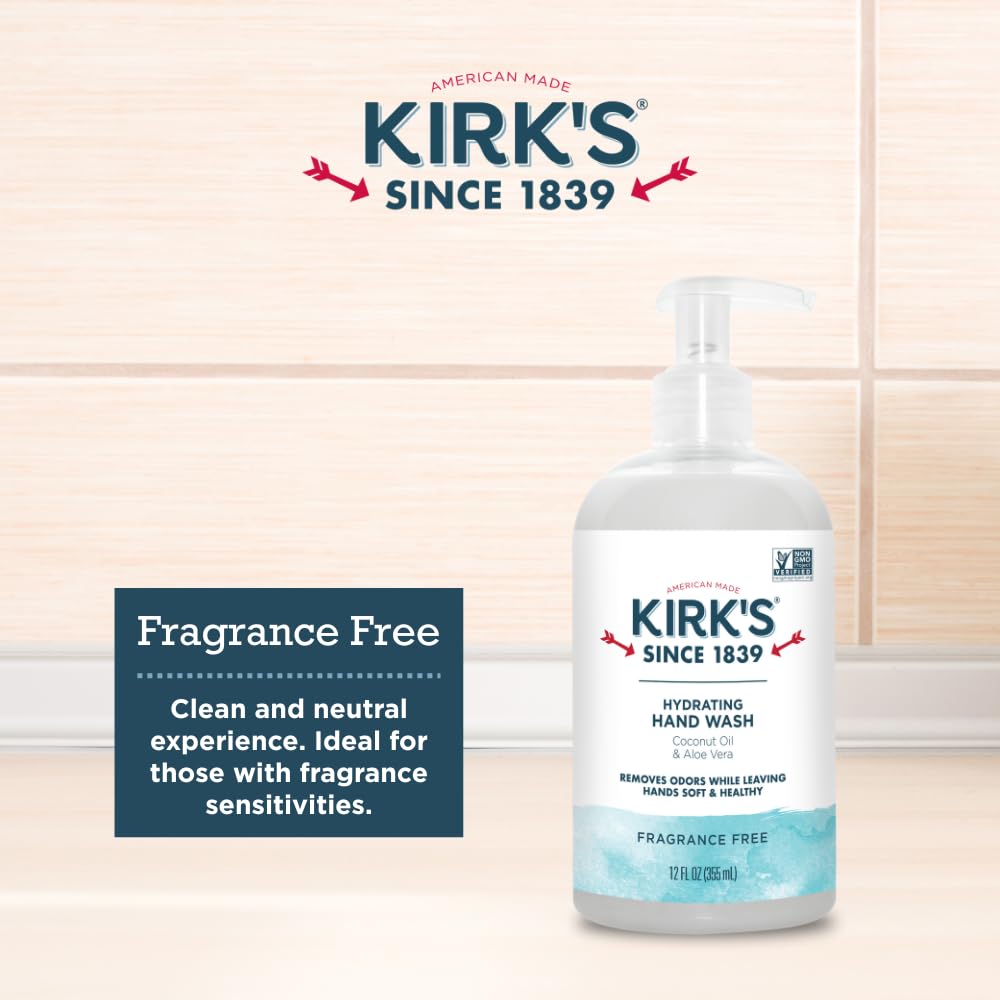 Kirk's Hydrating Hand Wash – Coconut Oil & Aloe Vera, Odor Neutralizing, Fragrance Free, 12 oz (4 Pack)