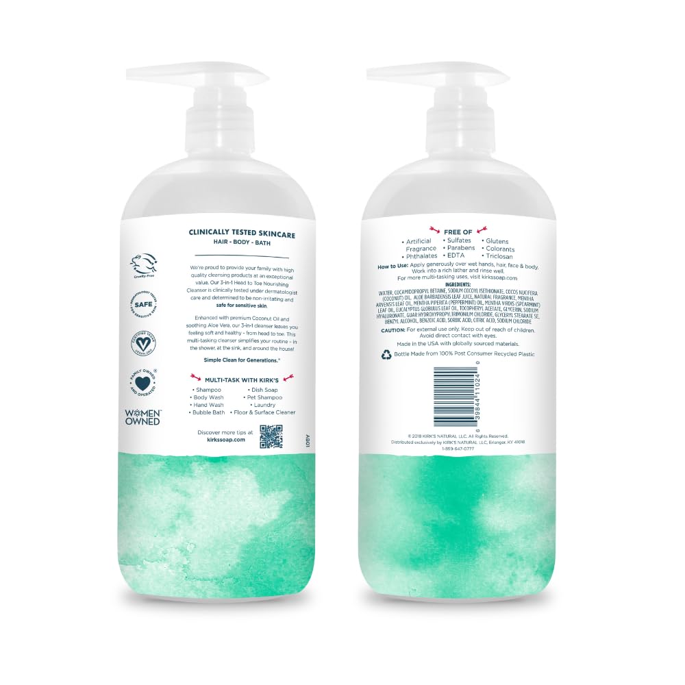 Kirks 3-in-1 Head to Toe Nourishing Cleanser & Bar Soap – Mint & Eucalyptus, Coconut Oil, Aloe, 32 oz (2-Pack)