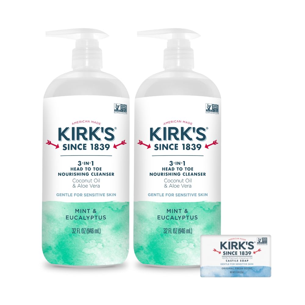Kirks 3-in-1 Head to Toe Nourishing Cleanser & Bar Soap – Mint & Eucalyptus, Coconut Oil, Aloe, 32 oz (2-Pack)