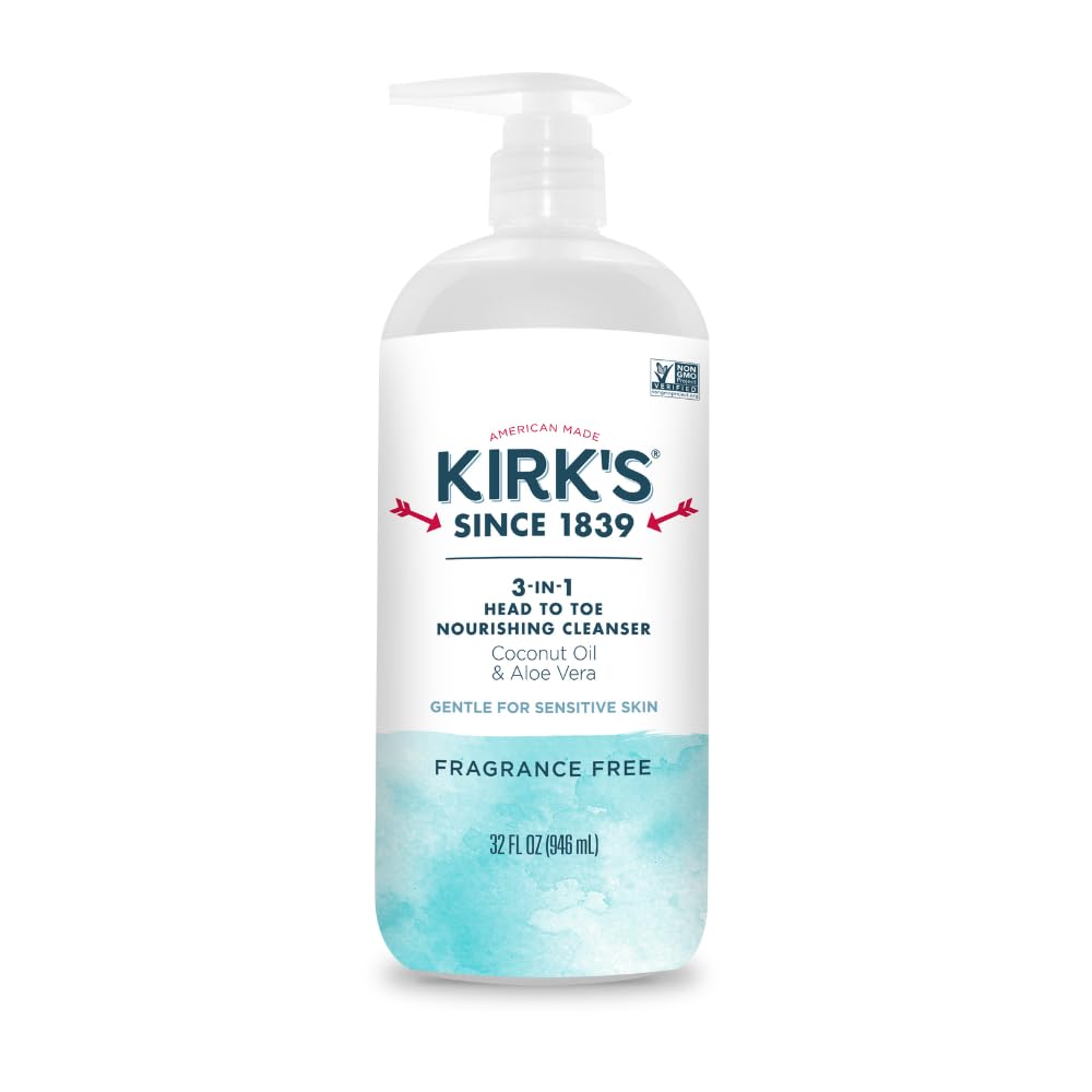 Kirk's 3-in-1 Head to Toe Nourishing Cleanser – Fragrance Free, Coconut Oil & Aloe Vera | 32 Fl Oz