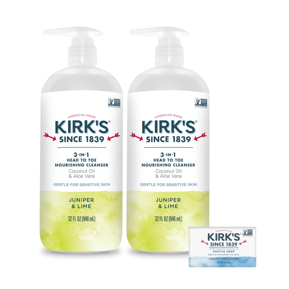 Kirk's 3-in-1 Head to Toe Nourishing Cleanser & Travel Bar Soap – Juniper & Lime (32 oz, 2-pack)