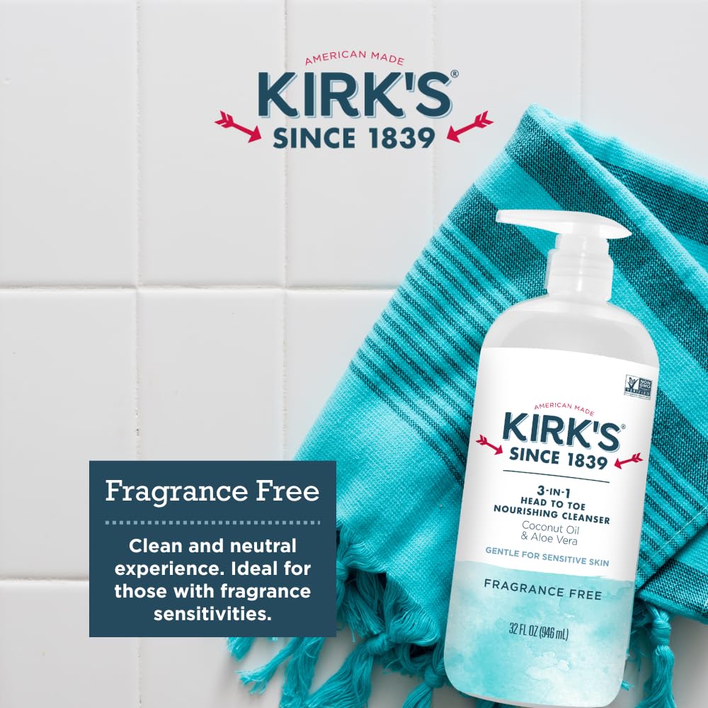 Kirk's 3-in-1 Head to Toe Nourishing Cleanser – Fragrance Free, Coconut Oil & Aloe Vera | 32 Fl Oz
