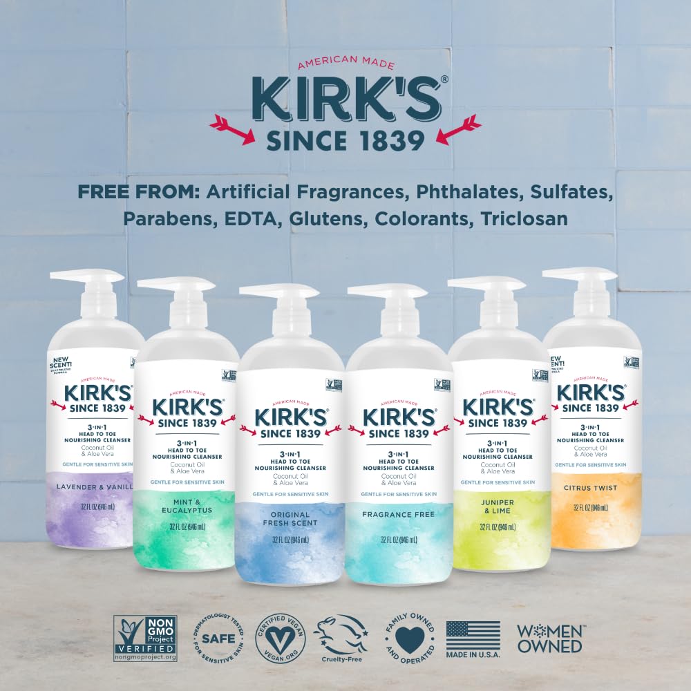 Kirks 3-in-1 Head to Toe Nourishing Cleanser & Bar Soap – Mint & Eucalyptus, Coconut Oil, Aloe, 32 oz (2-Pack)