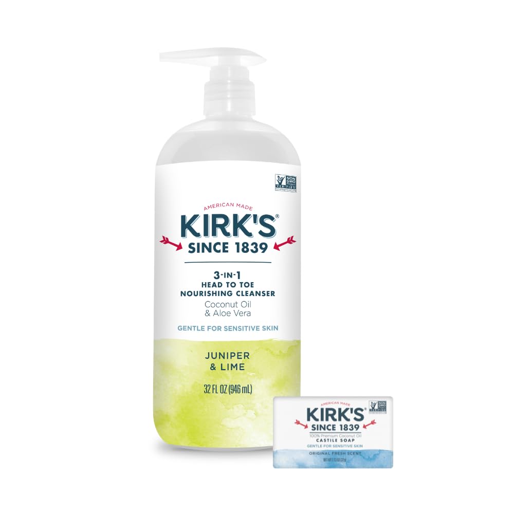 Kirk's 3-in-1 Castile Liquid Soap – Juniper & Lime Scent | Travel Size Bar + 32 oz Pump