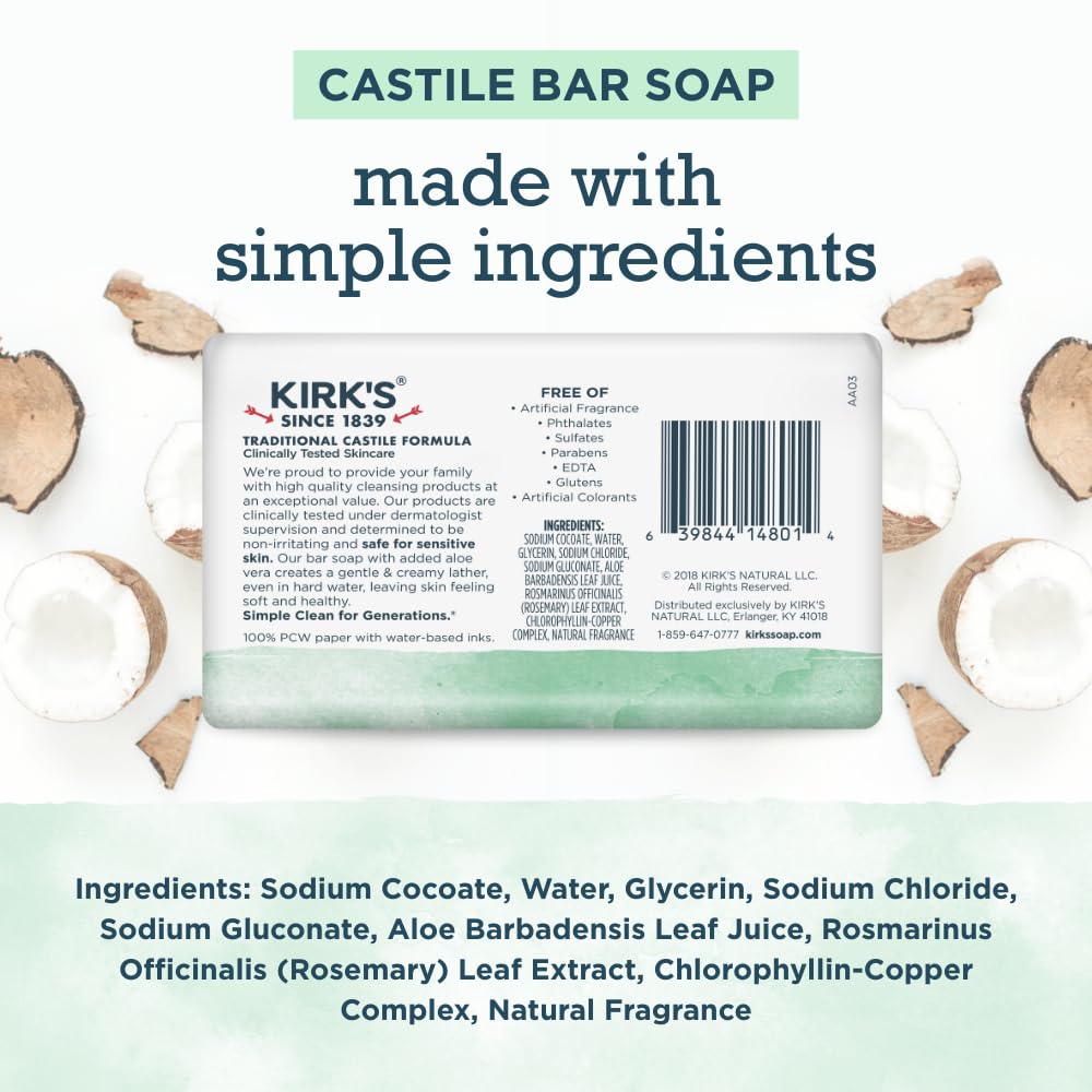 Kirk's Castile Bar Soap – Gentle Coconut Oil Formula for All Ages (6-Pack, 4 oz)