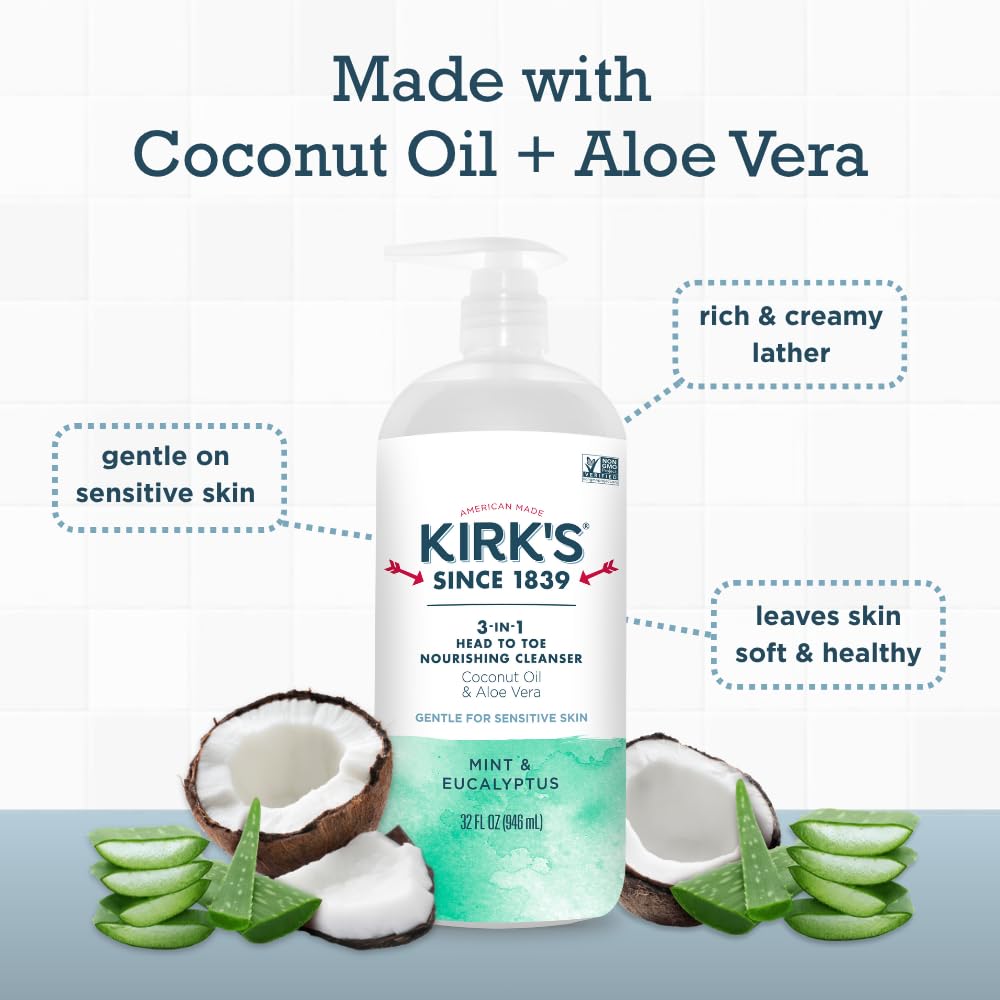 Kirks 3-in-1 Head to Toe Nourishing Cleanser & Bar Soap – Mint & Eucalyptus, Coconut Oil, Aloe, 32 oz (2-Pack)