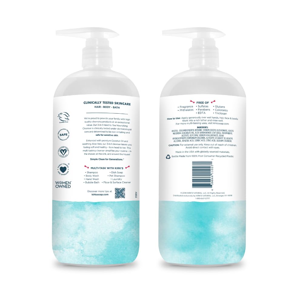 Kirk's 3-in-1 Head to Toe Nourishing Cleanser – Fragrance Free, Coconut Oil & Aloe Vera | 32 Fl Oz